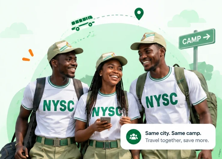 Three corps members in NYSC uniform travelling together to camp